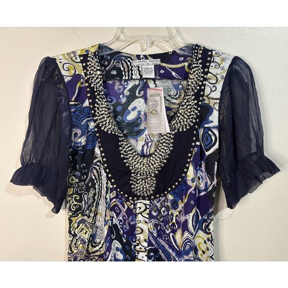 Alberto Mikali Abstract Print Beaded Short Sleeve Top Size Small NWT - Picture 3 of 10